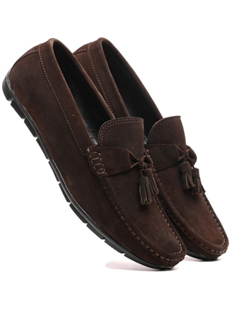 Designer Suede Leather tassel Loafers - Brown